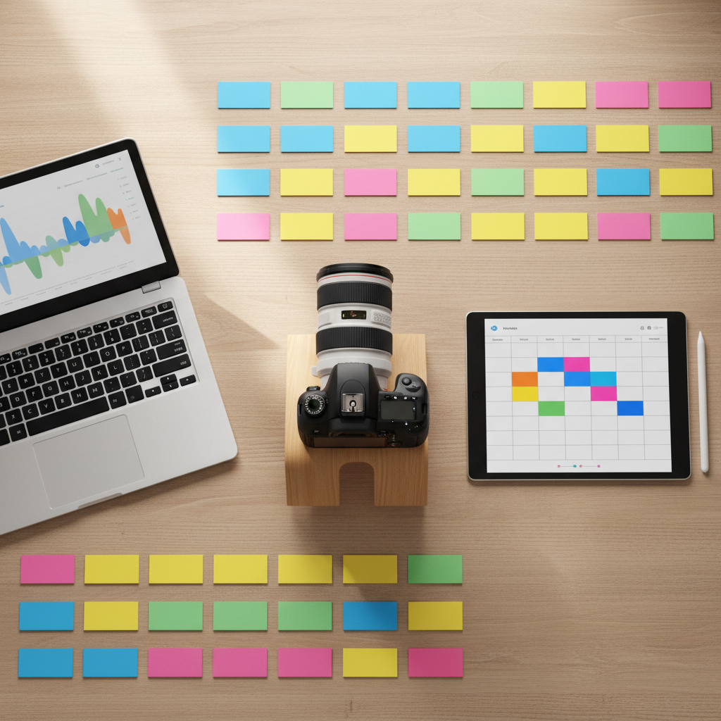 An overhead photographic view of a tidy creative workstation featuring a high-end DSLR camera with a large zoom lens, a tablet with a stylus showing abstract colorful blocks resembling a content calendar, and a slim laptop displaying blurred graphs of online performance. The devices sit on a light oak desk with neatly arranged sticky notes replaced by small colored cards with no text. Soft, diffused daylight from the side casts gentle, natural shadows, emphasizing order and clarity. The composition follows a grid-like layout, symbolizing structured digital strategy. The atmosphere is calm yet productive, capturing the precision and organization of a professional advertising agency helping businesses with digitalization and social media presence.