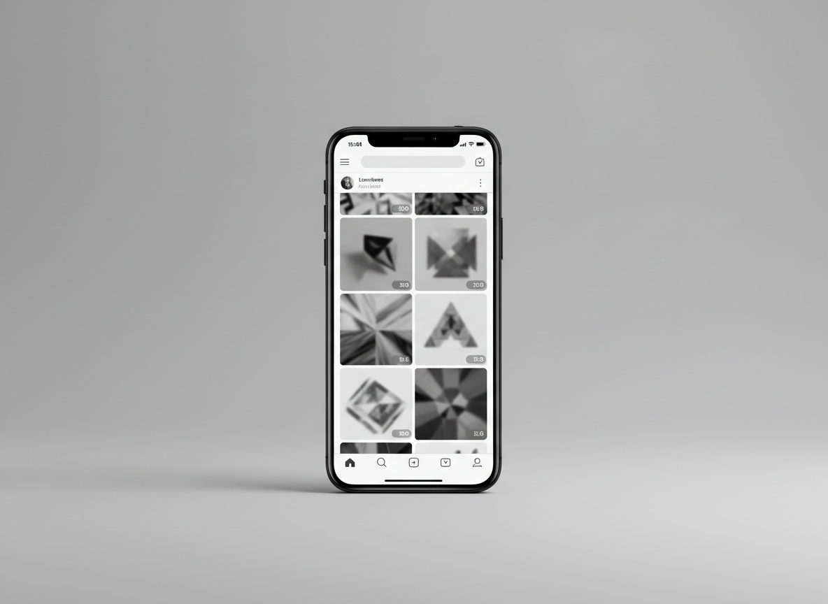 Schwarz-weiß Aufnahme eines Smartphones mit einem cleanen Social-Media-Feed als Projektbeispiel