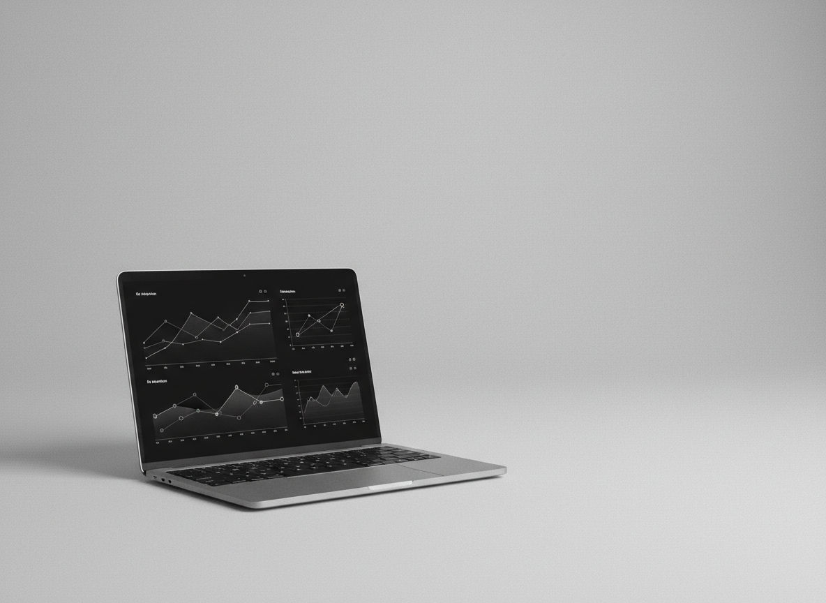 Schwarz-weiß Aufnahme eines Laptops mit einem Analytics-Dashboard als Projektbeispiel
