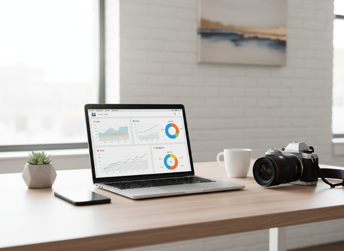 Moderner Arbeitsplatz mit Laptop, Social-Media-Analysen, Smartphone und Kamera