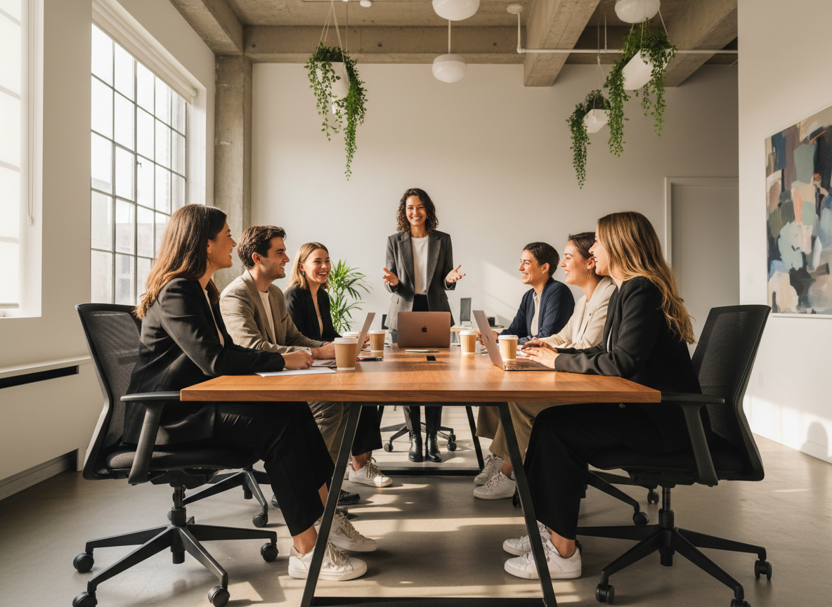 Junges kreatives Team arbeitet gemeinsam an einem Tisch in einem hellen modernen Büro